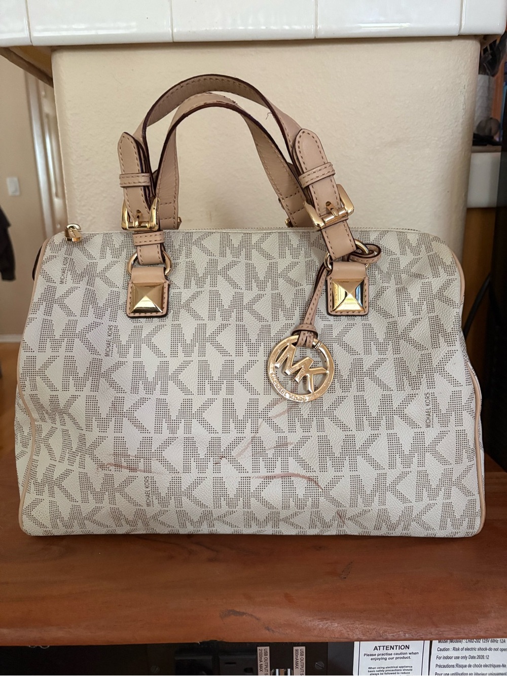 Michael Kors Cream/Beige MK Monogram Satchel with Gold Hardware